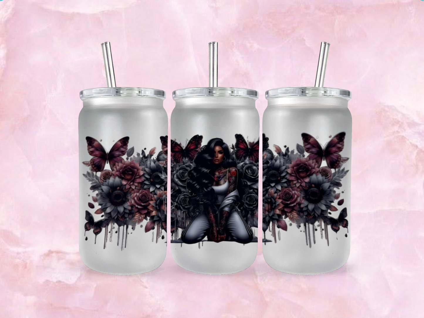 Tattoo Girl With Black Hair Red Butterflies and grey Flowers