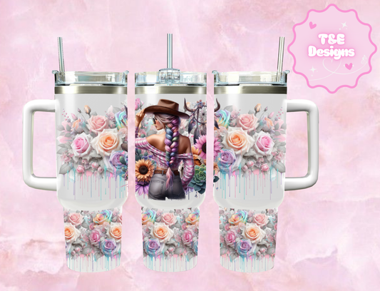 40oz Sublimation Tumbler - Pastel Roses With Girl In Hat