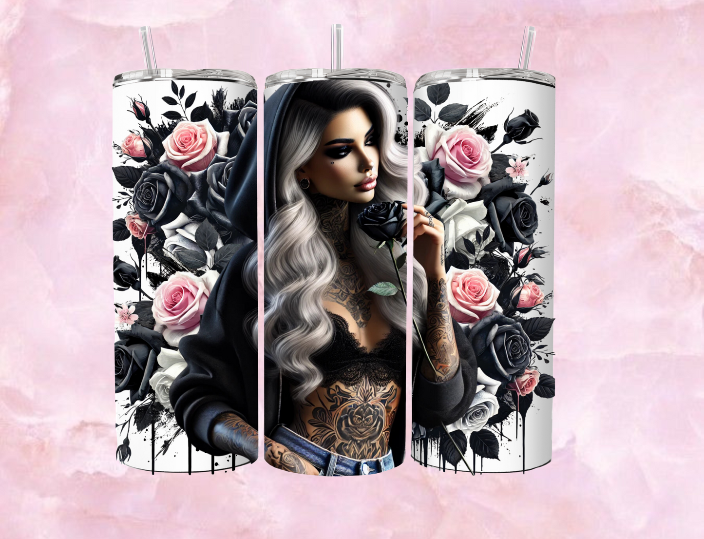 20oz Sublimation Tumbler - Tattoo Girl with pink and black roses