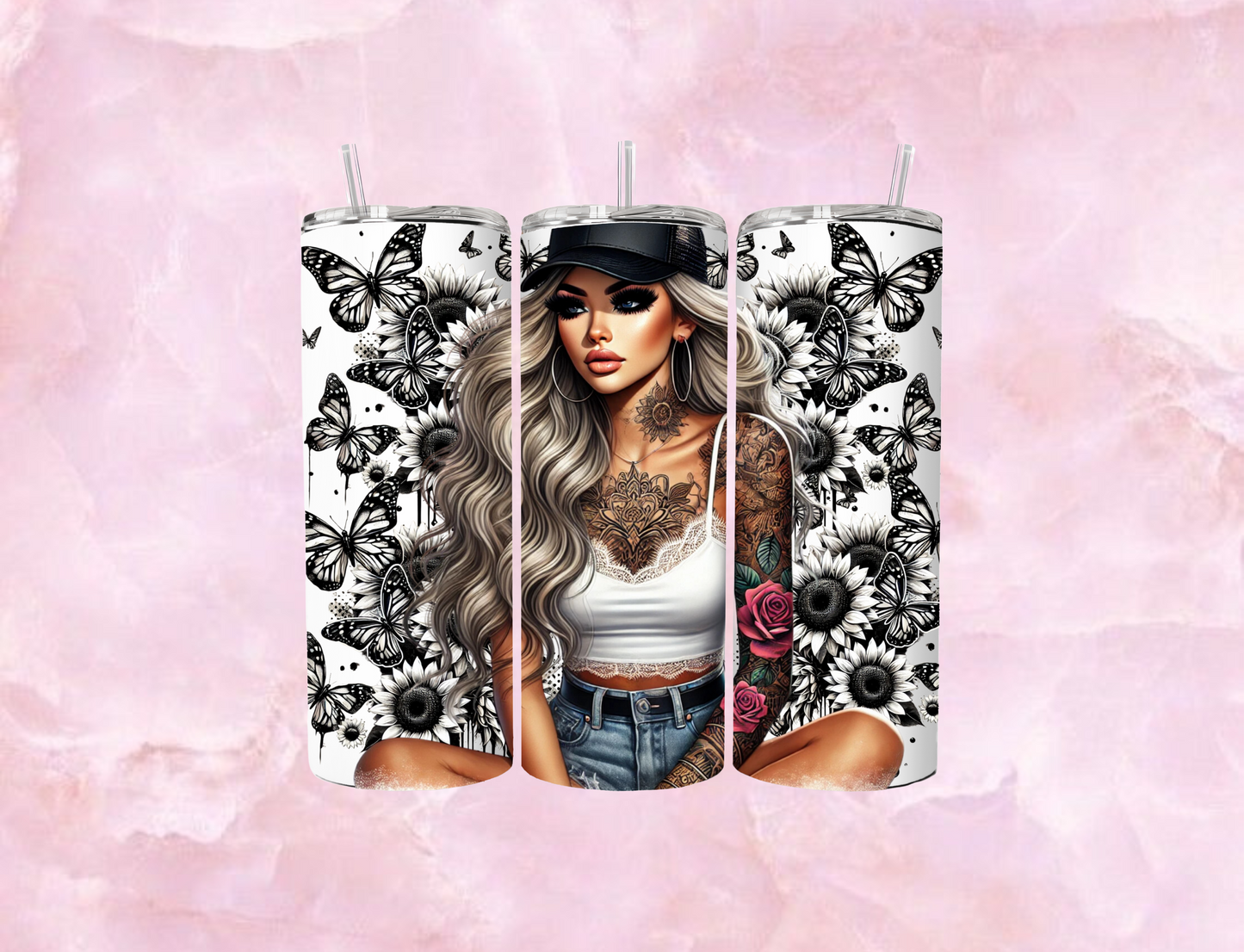 20oz Sublimation Tumbler - Trucker Hat Girl With Black Butterflies