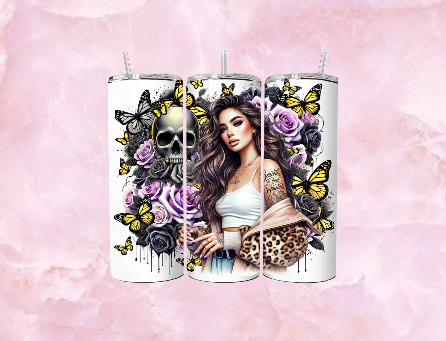 20oz Sublimation Tumbler - Tattoo Girl with Skull and Butterflies