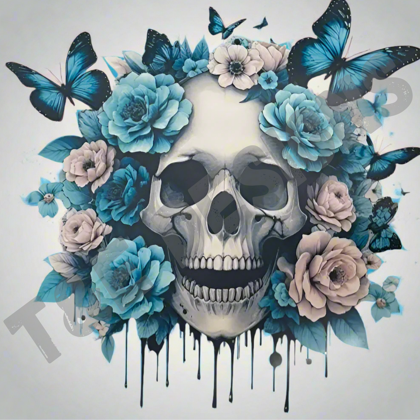 Skull With Blue Flowers And Butterflies - TO BE PURCHASED WITH SHIRT ONLY!