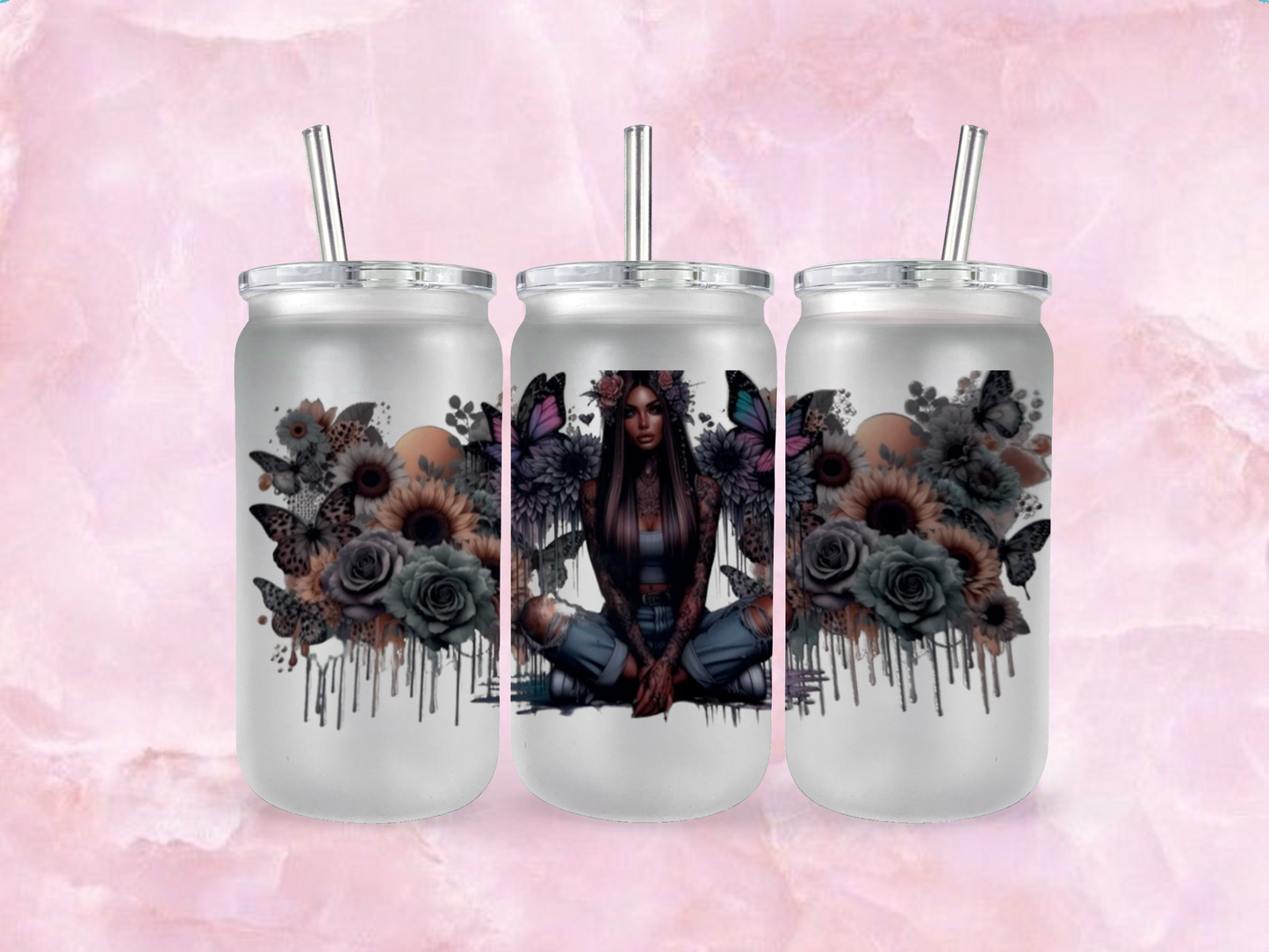 Tattoo Girl With Pink And Purple Butterdflies With Roses