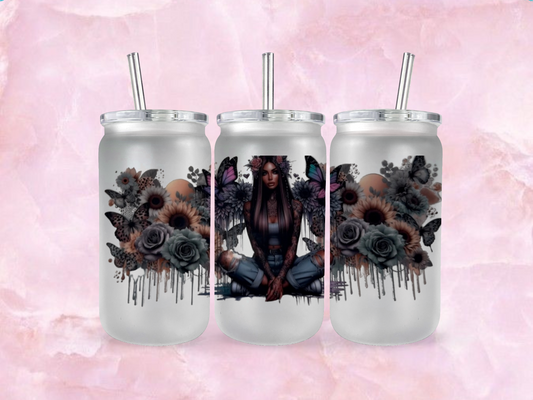 Tattoo Girl With Pink And Purple Butterdflies With Roses