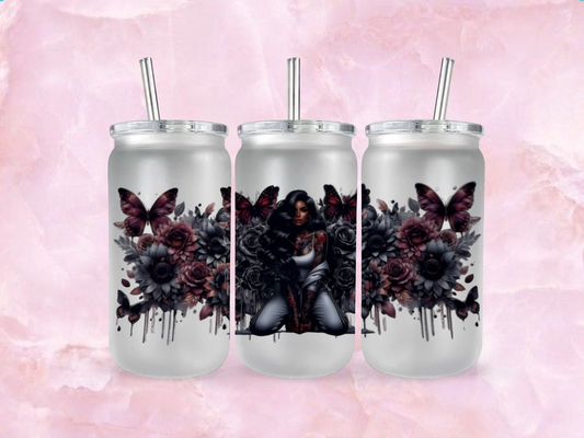 Tattoo Girl With Black Hair Red Butterflies and grey Flowers