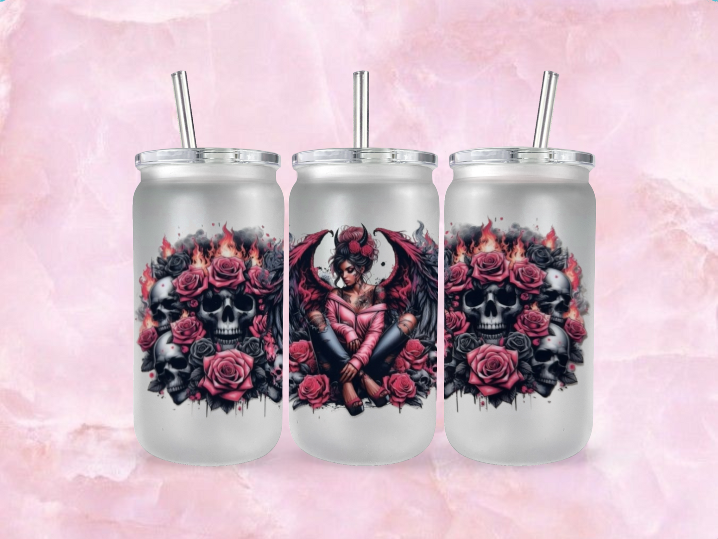 Pink Angel Wings Girl With Skulls  (TO BE PURCHASED WITH TUMBLER ONLY!!