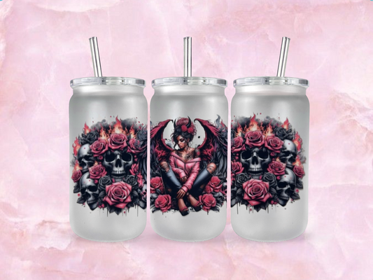 Pink Angel Wings Girl With Skulls  (TO BE PURCHASED WITH TUMBLER ONLY!!