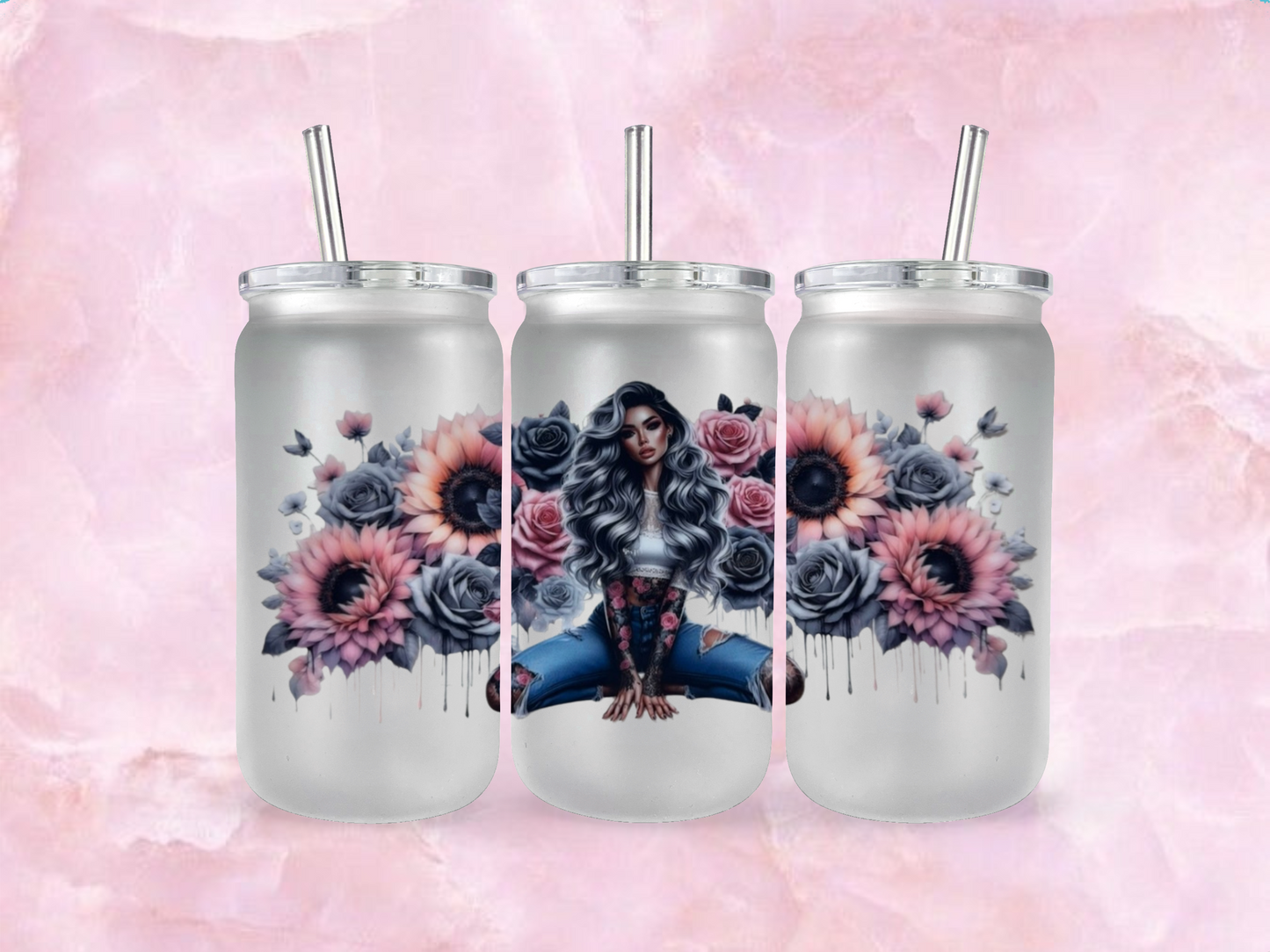 Grey Hair Tattoo Girl With Orange and Pink Sunflowers  (TO BE PURCHASED WITH TUMBLER ONLY!!