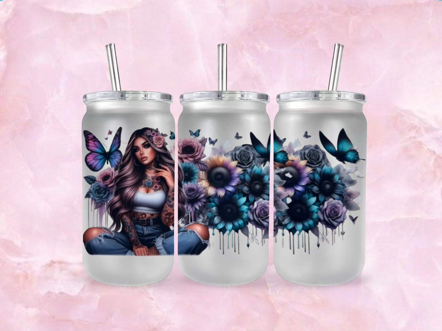 Tattoo Girl With Teal And Purple Butterflies And Sunflowers  (TO BE PURCHASED WITH TUMBLER ONLY!!