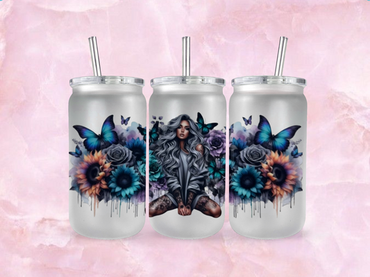 Grey Haired Tattoo Girl With Teal And Purple Butterflies And Sunflowers  (TO BE PURCHASED WITH TUMBLER ONLY!!