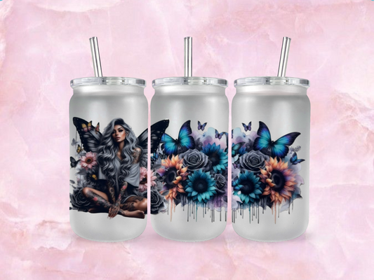 Grey Haired Tattoo Girl With Teal Butterflies And Sunflowers  (TO BE PURCHASED WITH TUMBLER ONLY!!